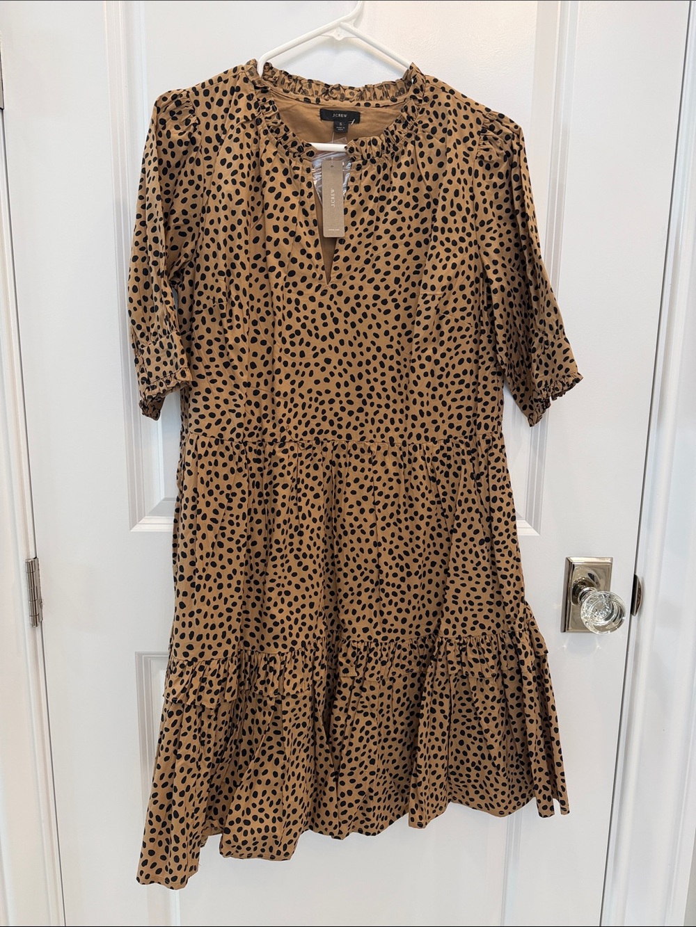J. Crew Tan and Black Spotted Midi Dress